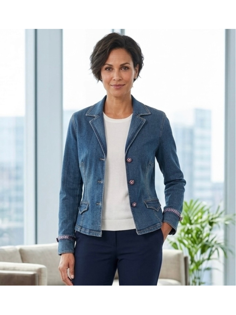 Ami Blue Denim Blazer with Pink Floral Buttons snaps. Y2K casual office. 1409